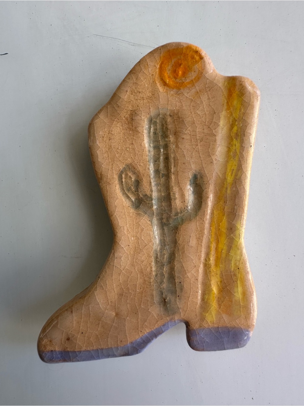 Ceramic Cowboy Boot Magnet with Cactus and Sun - Peach